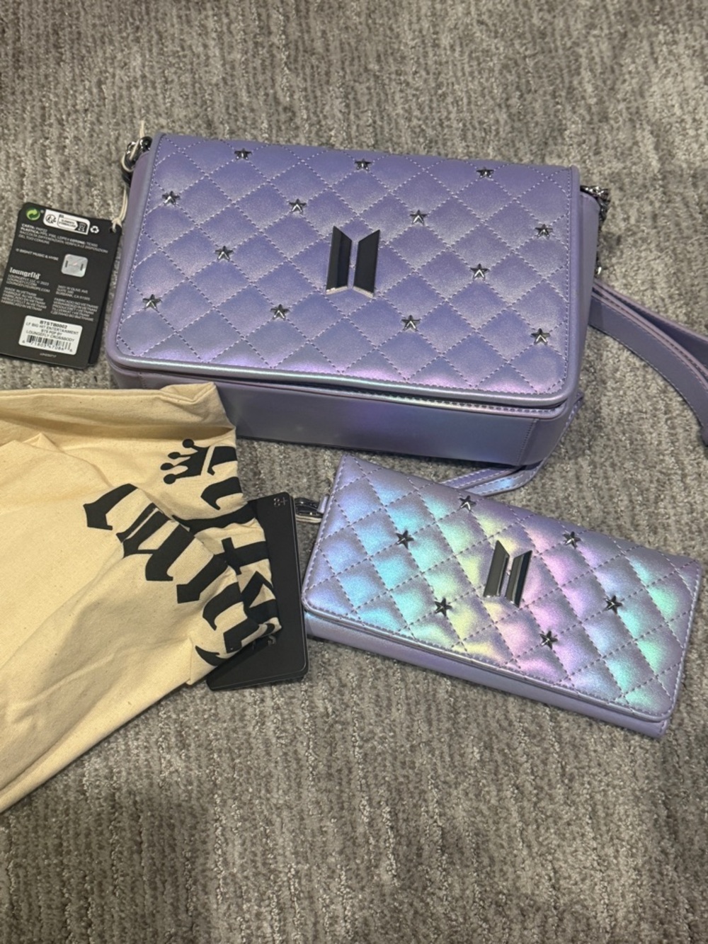 Loungefly BTS Quilted Crossbody Bag and Wallet - Lavender set